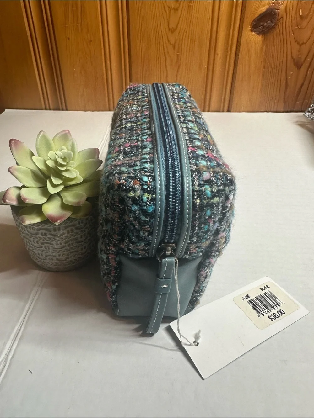 Aqua Blue Multi Tweed Cosmetic Bag